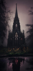 Gothic abandoned dark church exterior. Mystic, horror, surreal, dramatic scene. Halloween realistic disturbing background. Digital 3D illustration wallpaper