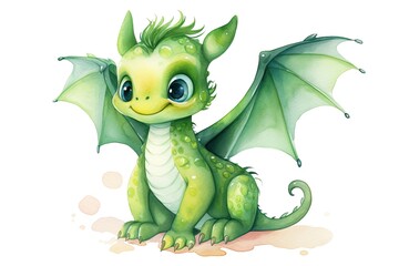 Obraz premium Cute green dragon with wings and tail