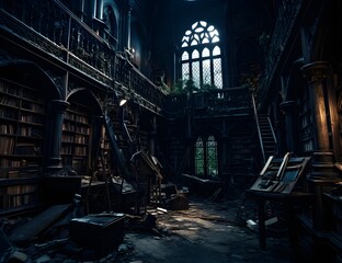 Fototapeta na wymiar Abandoned library room, evil fantastic dark castle, ghost town, old horror school scene, empty building, books