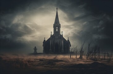 Gothic abandoned dark church exterior. Mystic, horror, surreal, dramatic scene. Halloween realistic disturbing background. Digital 3D illustration wallpaper - obrazy, fototapety, plakaty