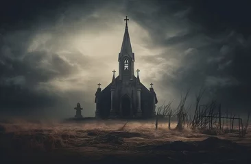 Fotobehang Gothic abandoned dark church exterior. Mystic, horror, surreal, dramatic scene. Halloween realistic disturbing background. Digital 3D illustration wallpaper © Vladislava