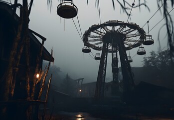Creepy, Abandoned and Haunted Amusement Park, carousel, dark tragic foggy atmosphere, Fairground, red  purple Circus, Illustration concept Art