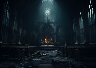 Gothic abandoned dark church interior. Mystic, horror, surreal, dramatic scene. Halloween realistic disturbing background. Digital 3D illustration wallpaper - obrazy, fototapety, plakaty