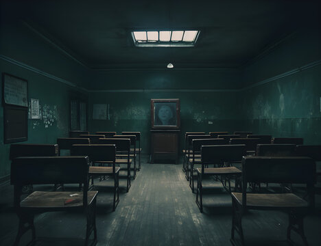Abandoned school class room at city zone of radioactivity, ghost town, old horror school scene, empty building, books