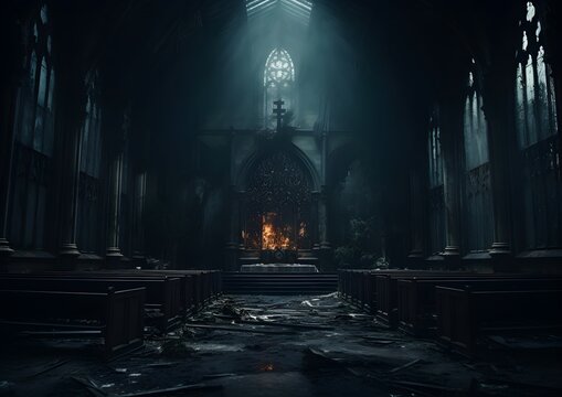 Gothic abandoned dark church interior. Mystic, horror, surreal, dramatic scene. Halloween realistic disturbing background. Digital 3D illustration wallpaper