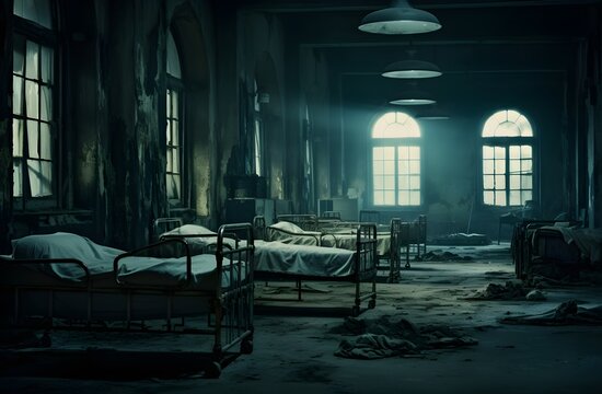 Dim light shining in a ghostly old hospital interior room with operating table. Rubble and debris on floor and walls. Ghost town. Horror movie scene, mysterious