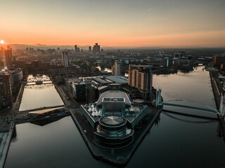 Aerial view of quay of Salford, England at sunrise