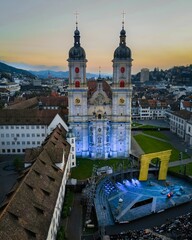 Aerial view of St. Gallen Cathedral in Switzerland at sunset