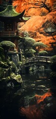 Realistic abandoned mysterious Japanese style garden, beautiful creepy landscape. Fantasy mythologic Asian dark background. Surreal mysterious atmospheric woods design backdrop. 3D illustration