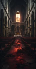 Foto op Canvas Gothic abandoned dark red bloody church interior. Mystic, horror, surreal, dramatic scene. Halloween realistic disturbing background. Digital 3D illustration wallpaper © Vladislava