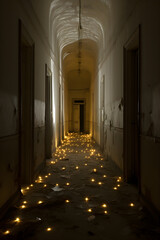 Fototapeta premium Dark mysterious corridor in old building. Door room perspective in lonely quiet home with walkway heading to the light at the end of the way, black and white style. horror scene fear concept, hostel