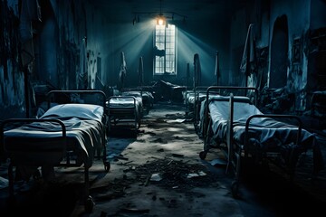 Dim light shining in a ghostly old hospital interior room with operating table. Rubble and debris on floor and walls. Ghost town. Horror movie scene, mysterious - obrazy, fototapety, plakaty