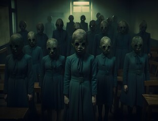 Abandoned school class room at city zone of radioactivity, dead creepy students, zombies, ghost town, old horror school scene, empty building, books