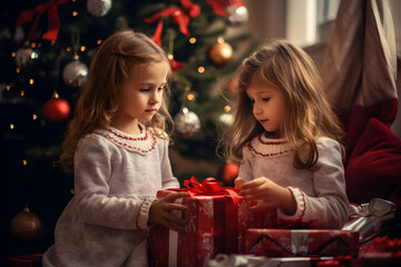 Obraz na płótnie Canvas children christmas gifts, winter decorations, winter holidays concept, Holiday presents, winter leisure concept, holiday mood