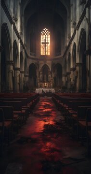 Gothic abandoned dark red bloody church interior. Mystic, horror, surreal, dramatic scene. Halloween realistic disturbing background. Digital 3D illustration wallpaper