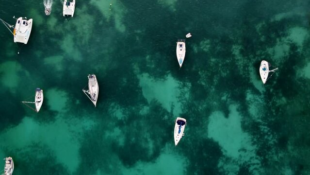 Aerial top view video of catamarans and boats in a bay of beautiful blue water in Guadeloupe