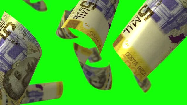 Falling Currency Costa Rica banknotes. Seamless loop Green screen.