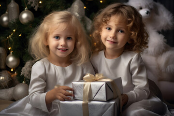 Fototapeta na wymiar children christmas gifts, winter decorations, winter holidays concept, Holiday presents, winter leisure concept, holiday mood