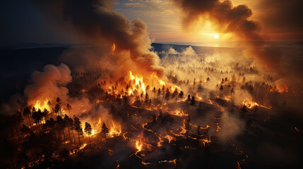 Fototapeta na wymiar Aerial view of natural disaster of trees covered with wildfire and smoke in the forest