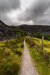 Path in welsh slate quarry, Snowdonia or Eryri National Park - 672457089