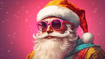 Fotobehang Funky santa claus wearing glasses on pastel background, copy space for text, cartoon pop art style xmas greeting card design © Mrt