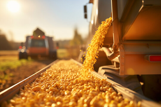 Harvester pouring freshly harvested soybeans or corn maize seeds into container trailer and afternoon sunshine