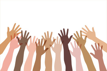 Colored volunteer crowd hands isolated on white background. Raised hand silhouettes, people colorful voting  illustration. Teamwork, collaboration, voting, volunteering concert. - obrazy, fototapety, plakaty