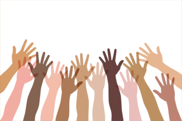 Foto op Aluminium Colored volunteer crowd hands isolated on white background. Raised hand silhouettes, people colorful voting  illustration. Teamwork, collaboration, voting, volunteering concert. © Art_freeman