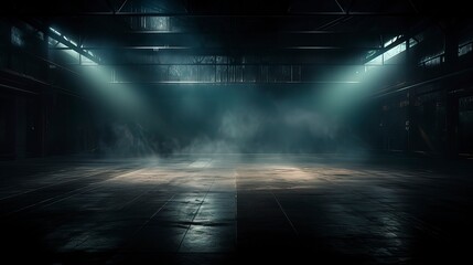 Empty concrete basement, neon light, spotlights, smoke. Generation AI