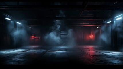 Empty concrete basement, neon light, spotlights, smoke. Generation AI