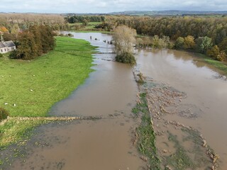 aerial view of extreme flooding at Buttercrambe Village close to Stamford Bridge from the River Derwent Breaching its banks 
