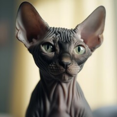 Portrait of a cute black Sphynx kitten looking forward. Closeup face of an adorable small Sphynx kitty at home. Portrait of little cat with sleek black fur sitting in a light room beside window