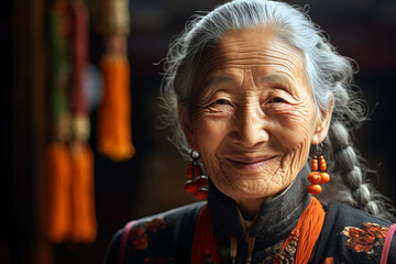 Fototapeta premium Smiling elderly Asian woman. Old person. AI.