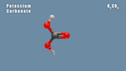 Potassium Carbonate of K2CO3 3D Conformer animated render. Food additive E501 - obrazy, fototapety, plakaty
