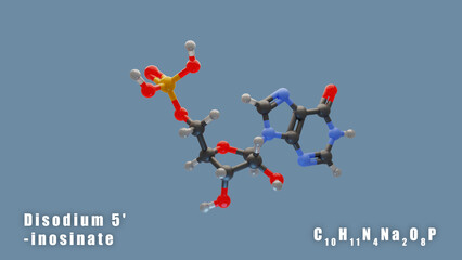 Disodium 5'-inosinate of C10H11N4Na2O8P 3D Conformer Food additive E631. Isolated background