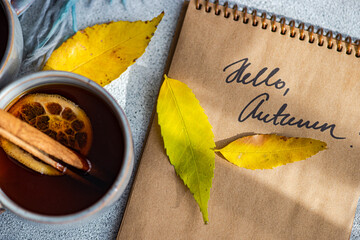 From above autumn tea and handwritten greeting