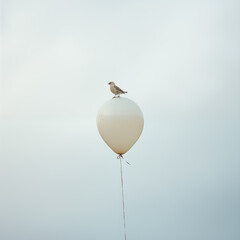 a minimalist portrait of a tiny bird perched on top of a white balloon against a pale blue background