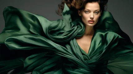 Woman Wrapped in Green Dress: Joyful Studio Portrait. Girl in Intense Emerald Fashion. Glamour in Black and Green © MD Media