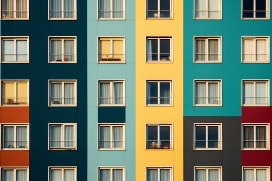 facade of a colorful black, blue and yellow building. Seamless design for contemporary living space. Generative AI