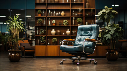 Stylish modern lounge chair in a vintage interior with large wooden cabinet and plants