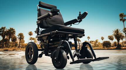 Electric wheelchair with palm trees and a blue sky in the background, disability in the summer