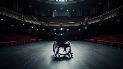 Empty wheelchair in the middle of an empty concert hall, disability awareness speaking gig - Powered by Adobe