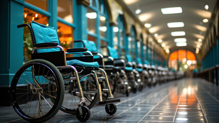 A row of wheelchairs with blue cushions in a hospital hallway, tunnel vision