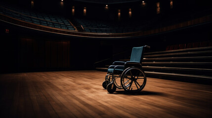 Empty wheelchair on the stage of an empty theater, wooden floor, spotlight, disability awareness speaker