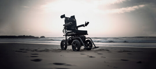Electronic wheelchair in the sand on the beach in front of the ocean waves, moody atmosphere – free space for text - obrazy, fototapety, plakaty