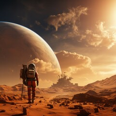 Astronaut walking on the surface of Mars with a planet in the distance. Person from a Martian human colony strolling in a space suit on planet Mars, with a moon on the horizon. Cosmonaut in a desert.