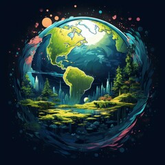 Miniature illustration of planet Earth. Vector illustration. Bright art of our healthy planet Earth. Ecology concept. Educational clip art of planet Earth.