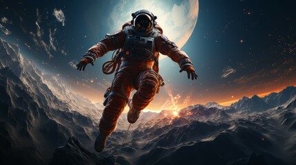 Futuristic astronaut in distant outer space. Astronaut in space. Space traveler on a cosmic journey. Science fiction art of a human cosmonaut walking on an unknown planet or asteroid.  3D rendering.
