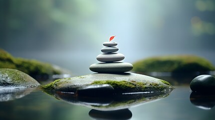 Delicate Balance: Tiny Leaf Perfectly Poised on Stacked Zen Stones in Calm Foggy Waters