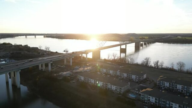 Drone footage of the Hernando de Soto Bridge across the Mississippi River in Memphis, Tennessee, USA